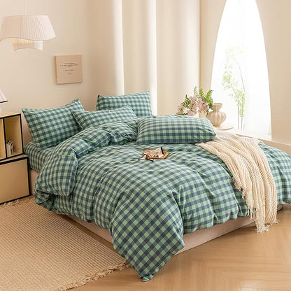 ECOCOTT Grid Plaid Duvet Cover King Size -100% Washed Cotton Linen Like Textured Breathable Durable Soft Comfy Bedding Set Mini Green Blue Plaid