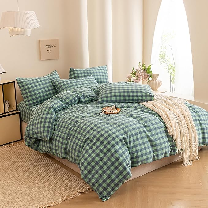 ECOCOTT Grid Plaid Duvet Cover Queen Size -100% Washed Cotton Linen Like Textured Breathable Durable Soft Comfy Bedding Set Mini Green Blue Plaid Comforter Cover