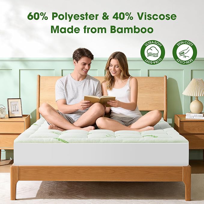 Mattress Pad Twin Size, Cooling Pillow Top Mattress Topper, Ultra Soft Viscose Made from Bamboo, Breathable for Hot Sleepers, Deep Pocket 8"-20", Green