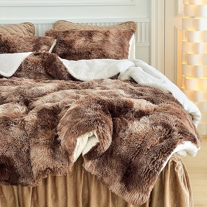 Luxury Faux Fur Shaggy Comforter Set Twin Size, Plush & Sherpa Reversible Comforter Tie Dye Coffee, 3 Pieces Fluffy Fuzzy Bedding Set Ultra Soft and Warm for Winter (1 Comforter + 2 Pillowcases)