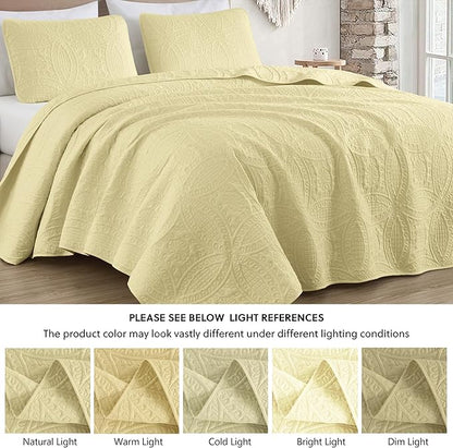 Chezmoi Collection Austin King Oversized Bedspread Set, 3-Piece Pinsonic Quilted Lightweight Microfiber Bedspread Coverlet, Pastel Yellow | Oversized, Lightweight, Fade Resistant