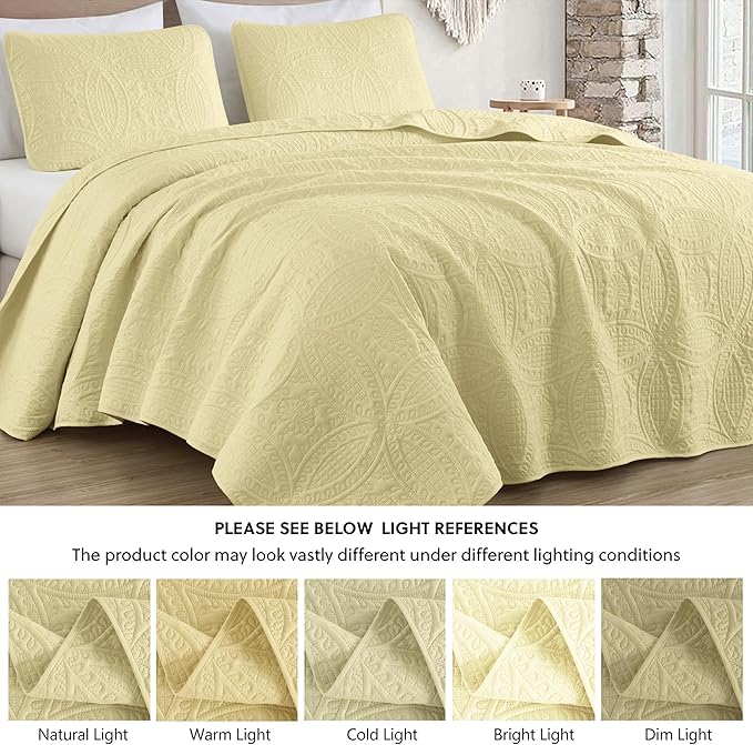 Chezmoi Collection Austin Queen Oversized Bedspread Set, 3-Piece Pinsonic Quilted Lightweight Microfiber Bedspread Coverlet, Pastel Yellow | Oversized, Lightweight, Fade Resistant