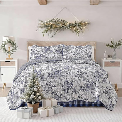 Wonderful 100% Cotton Blue Floral Quilt Set King Size Bedding Sets with Pillow Shams and Bed Skirt, 4 Pieces Floral Bedspread Coverlet, Quilted Blanket Bed Cover for All Season, 104"x90"