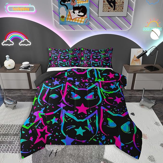 Erosebridal Halloween Cat Bedding, Black Cat Comforter Set for Kids Girls Boys Teens, Ombre Glowing Neon Stars Down Comforter, Kawaii Cartoon Kitten Duvet Insert, Gradient Galaxy Quilt, Full