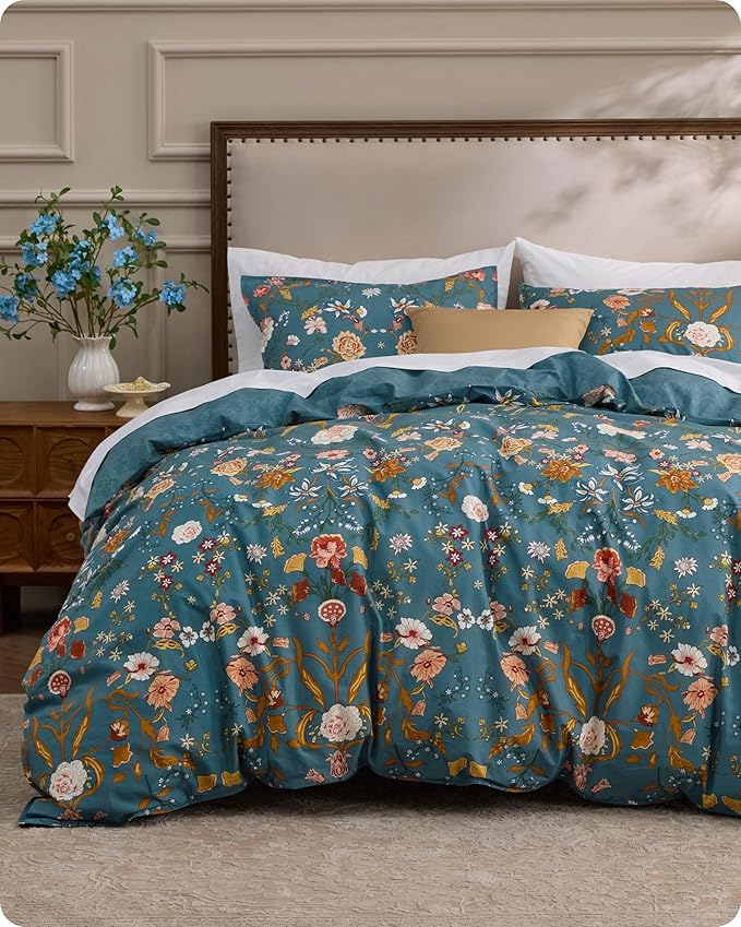 Bedsure Floral Duvet Cover Queen Size - 100% Cotton Reversible Botanical Shabby Chic Duvet Cover Set, 3 Pieces Soft & Breathable PureWoven Bedding Set with 2 Pillow Shams (Vintage Teal Floral 90"x90")