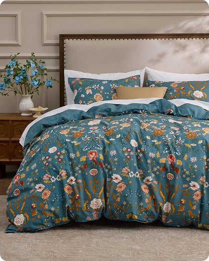 Bedsure Floral Duvet Cover Queen Size - 100% Cotton Reversible Botanical Shabby Chic Duvet Cover Set, 3 Pieces Soft & Breathable PureWoven Bedding Set with 2 Pillow Shams (Vintage Teal Floral 90"x90")