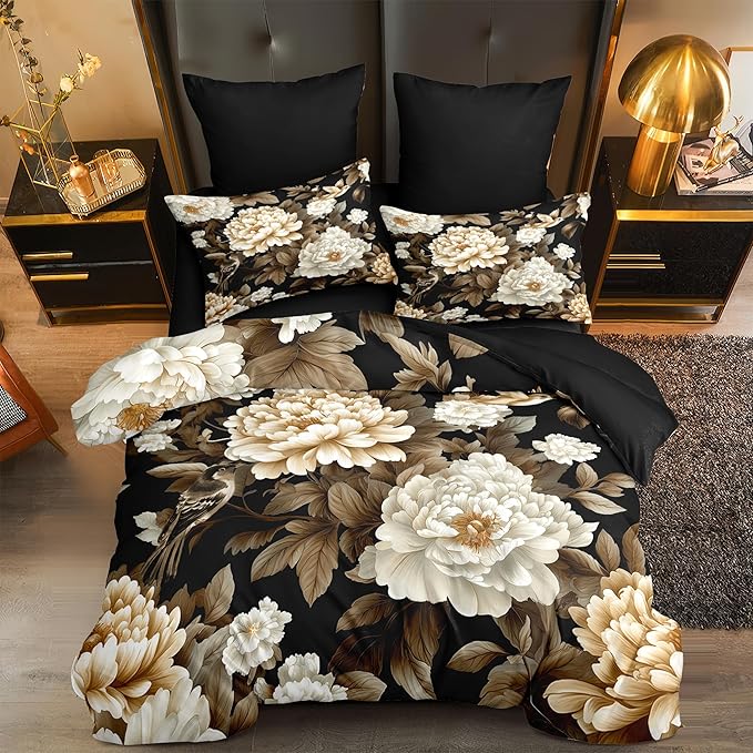 New Chinese Luxury Bedding Set Full Size, Black Peony & Bird Print Lightweight Comforter, Elegant Oriental Bedroom Decor with 2 Pillowcases/79 * 90