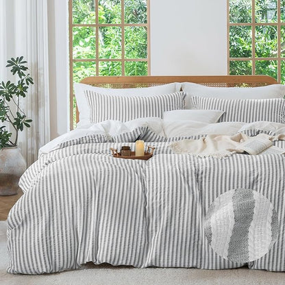 MILDLY Grey Striped Duvet Cover - 100% Washed Cotton Jacquard Boho Textured Comforter Cover 3pcs with Corner Ties Zipper Closure 104"x90"