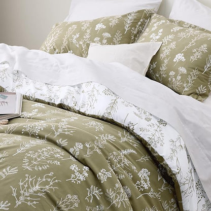 Bedsure California King Comforter Set - Olive Green Bed Set, 3 Pieces Cute Floral Bedding, 1 Soft Reversible Botanical Flowers Comforter and 2 Pillow Shams