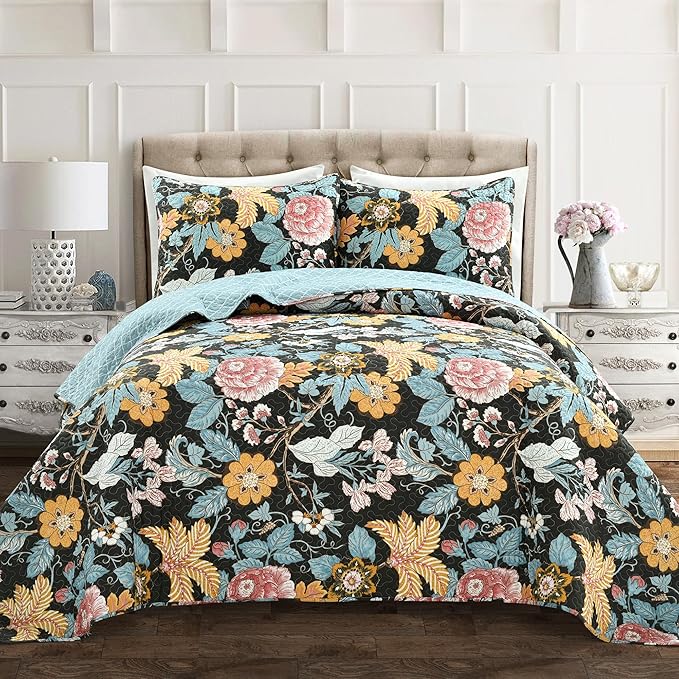 Lush Decor Sydney Reversible Cotton Quilt Set, 3 Piece Set, Full/ Queen, Black & Blue - Cotton Bedding Set - Black Floral Quilt - Cottage Decor - Bedding Queen Size