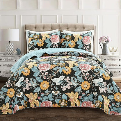 Lush Decor Sydney Reversible Cotton Quilt Set, 3 Piece Set, King, Black & Blue - Cotton Bedding Set - Black Floral Quilt - Cottage Decor - Bedding King Size