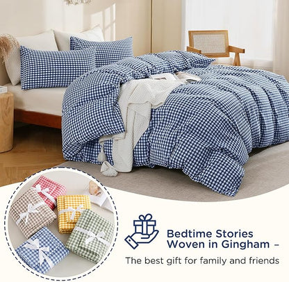 TOCOMOA Navy Blue Gingham Duvet Cover Bedding Set 100% Washed Cotton Like Linen Feel Super Soft Comfy 3 Piece Dark Blue Plaid Checkered Comforter Cover Set (King 104"x90", Comforter Not Included)
