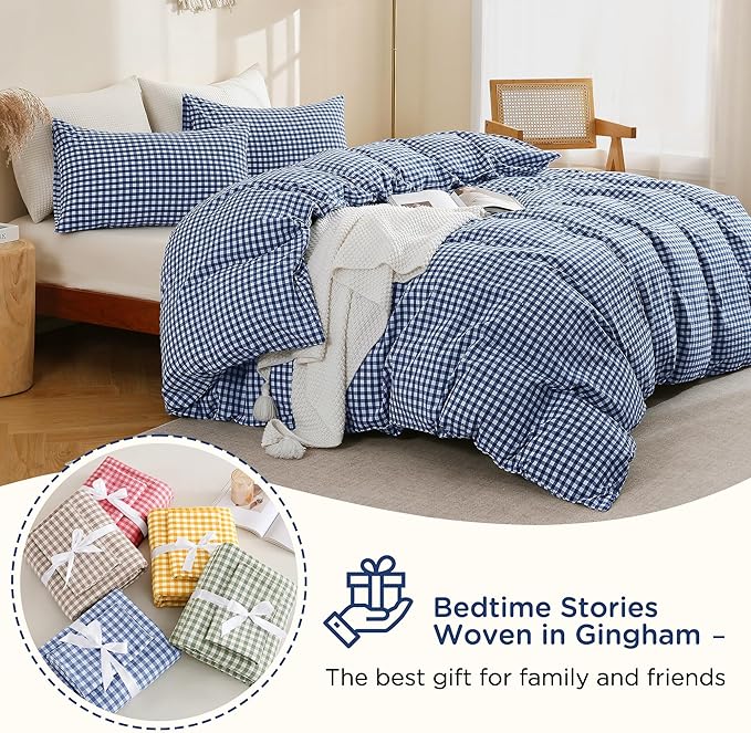 TOCOMOA Navy Blue Gingham Duvet Cover Bedding Set 100% Washed Cotton Like Linen Feel Super Soft Comfy 3 Piece Dark Blue Plaid Checkered Comforter Cover Set (Queen 90"x90", Comforter Not Included)