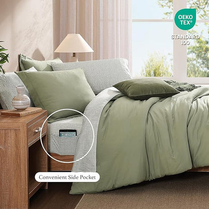 Monbix Super King Plus Size Comforter Set - 7 Pieces Green Prewashed Bed in a Bag Bedding Sets with Comforters, All Seasons Ultra Soft Comforter Bed Set with Sheets, Pillowcases & Shams