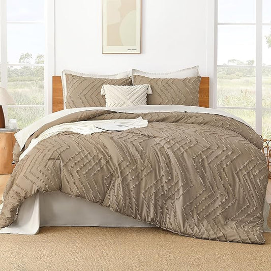 Litanika Comforter Oversized King Size Set Taupe, 3 Pieces Chevron Tufted Solid Bedding Comforter Sets, Fluffy Bed Set