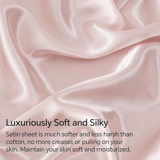BEDELITE Satin Sheets Queen Size Bed Set, Luxury Soft Pink Silky Sheets for Hair and Skin, Similar to Silk Bed Sheets Set 4 Pieces with 1 Deep Pocket Fitted Sheet, 1 Flat Sheet, and 2 Pillowcases
