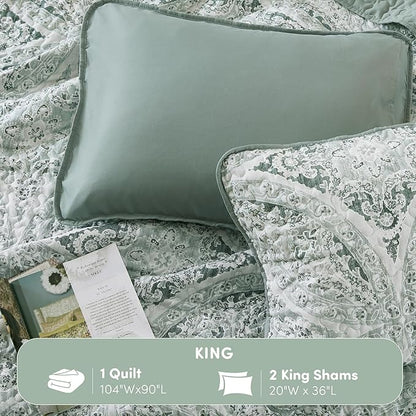 Comfort Spaces Boho Quilt Set King Reversible Vermicelli Quilting King Size Bed, All Season, Lightweight, Coverlet Winter Layer Bedding, Shams, Gloria, King Green 3 Piece