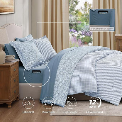 Queen Comforter Set - 7 Pieces Blue Gauze Muslin Bedding Sets for All Seasons, Lightweight Breathable Bed in a Bag Queen with Revesible Farmhouse Comforter, Sheets, Pillowcases & Shams
