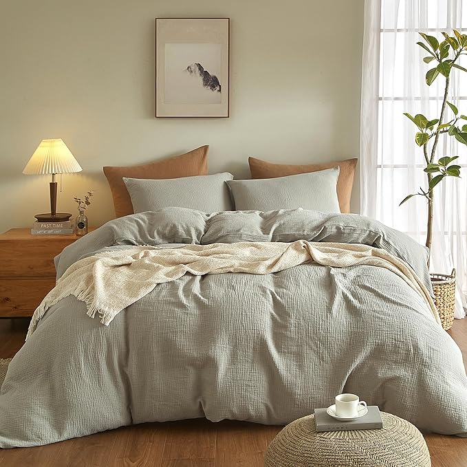 SE SOFTEXLY Muslin Duvet Cover Twin Size, 100% Washed Cotton Duvet Cover Set, Ultra Soft Comforter Cover Linen Like, 2 Pieces Minimalist Gauze Duvet Cover with 1 Pillowcase, 68"x90", Smoky-Green
