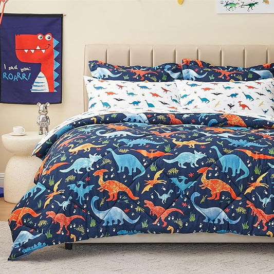 Queen Size Dinosaur Kids Bedding Set for Boys, 7 Pieces Super Soft Lightweight Microfiber Comforter Set with Sheets, Bed in a Bag, Children Bed Set