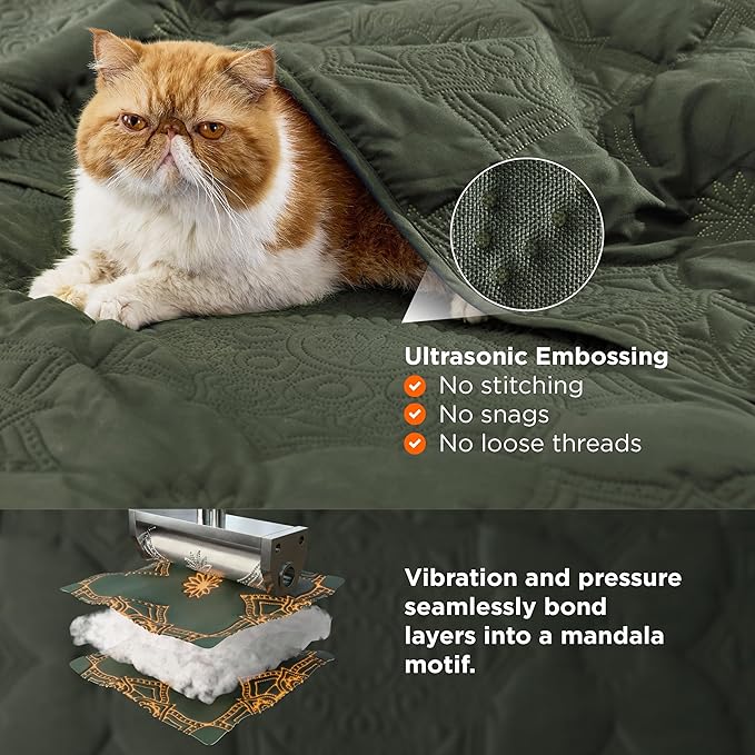 Bedsure Quilts Queen Size - Olive Green Bedspread Queen Size & Lightweight Comforter, Modern Coverlet with Mandala Pattern, Ultra Soft All-Season Bedding, 90 x 96 Inches | Stitch-Free Quilting, Ultra Soft, Lightweight, Machine Washable, Pet-Friendly