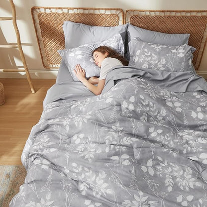 Bedsure Twin Comforter Set - 5 Pieces Floral Grey Soft Bedding Sets, Twin Bed in a Bag with Botanical Flowers Comforter, Sheets, Pillowcase & Sham