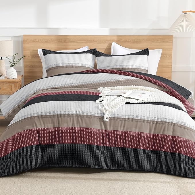Litanika Full Comforter Set Red Black - 3 Pieces Lightweight Fluffy Bedding Comforter Sets, All Season Down Alternative Comforter (1 Comforter, 2 Pillowcases)
