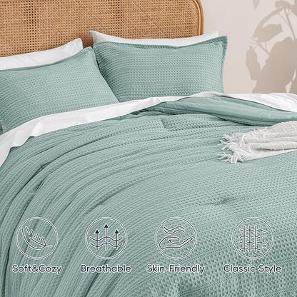 PHF Soft Waffle Comforter Set King Size- Comfy Breathable Waffle Weave Comforter with 2 Pillow Shams, 3 Pieces Less Snagging Lightweight Textured Bedding Set for All Season, Aqua