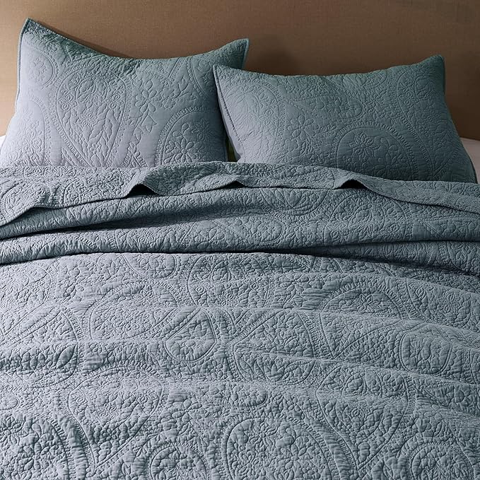 PALASSIO Dusty Blue Paisley 100% Cotton Quilt King Size Bedding Sets with 2 Pillow Shams, Boho Floral Lightweight Farmhouse Country Vintage Soft Bedspread Shabby Chic Coverlet for All Season, 3 Pieces