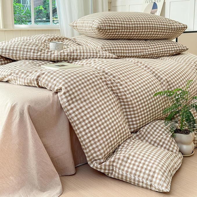 Tan Plaid Gingham Duvet Cover King 3 Pieces Checkered Grid Duvet Cover 100% Washed Cotton Beige Plaid Comforter Cover with Zipper Closure 2 Pillowcases Luxury Soft Gingham Bedding Set Breathable
