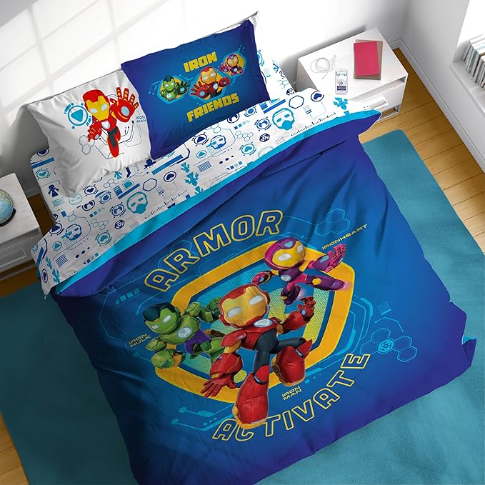 Sunny Side Up Kids Comforter Set Includes Sheets and Pillow Covers - Soft and Cozy Bed Set for Stylish Room Decor, Blue - Iron Man and His Awesome Friends, 7 Piece Full Size Bedding