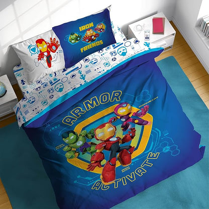 Sunny Side Up Kids Comforter Set Includes Sheets and Pillow Covers - Soft and Cozy Bed Set for Stylish Room Decor, Blue - Iron Man and His Awesome Friends, 7 Piece Full Size Bedding