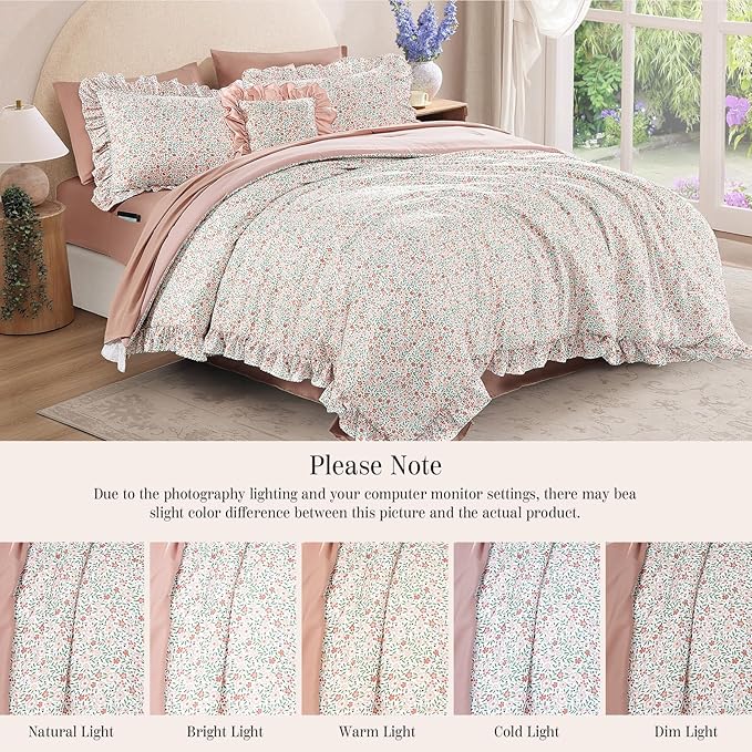 King Comforter Set - 7 Pieces Ruffle Pink Ditzy Bedding Sets, Shabby Chic Farmhouse Bed in a Bag King with Floral Comforter, Sheets, Pillowcases & Shams