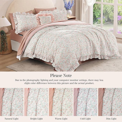 Queen Comforter Set - 7 Pieces Ruffle Pink Ditzy Bedding Sets, Shabby Chic Farmhouse Bed in a Bag Queen with Floral Comforter, Sheets, Pillowcases & Shams