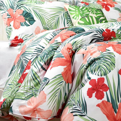 FADFAY Tropical Red Hibiscus Palm Leaves Duvet Cover Set Exotic Plants Bedding Super Soft 100% Cotton,1 Duvet Cover & 2 Pillow Shames,Twin Size