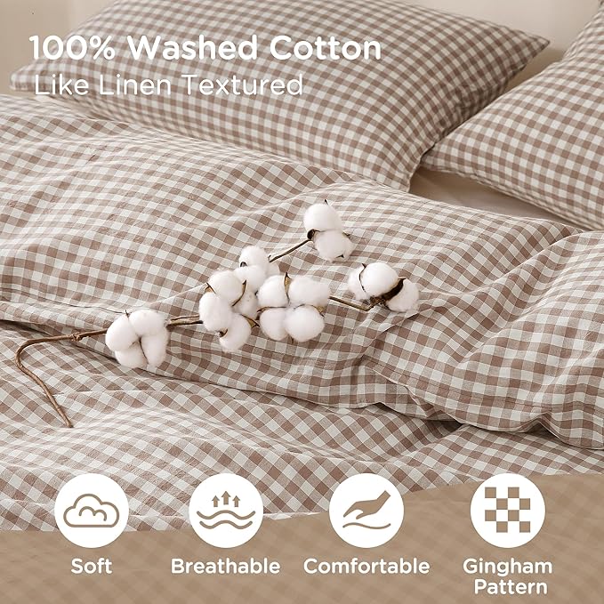 TOCOMOA Tan Gingham Duvet Cover Bedding Set 100% Washed Cotton Like Linen Feel Super Soft Comfy 3 Piece Brown Plaid Checkered Comforter Cover Set (Oversized King 120"x98", Comforter Not Included)