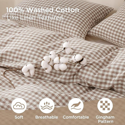 TOCOMOA Tan Gingham Duvet Cover Bedding Set 100% Washed Cotton Like Linen Feel Super Soft Comfy 3 Piece Brown Plaid Checkered Comforter Cover Set (Oversized King 120"x98", Comforter Not Included)