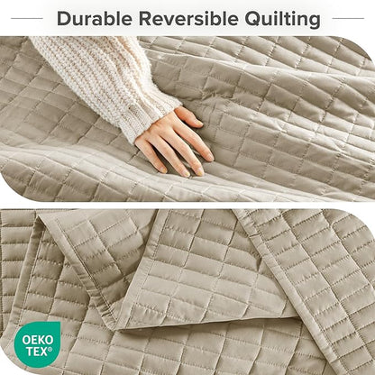 Comfort Spaces Queen Quilt Set Modern Reversible Plaid Coverlet Queen Bedding Set Cozy Quilted Winter Layer, All Season Lightweight Soft Queen Size Quilt, Kienna, Full/Queen Beige 3 Piece