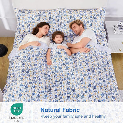 Softan Vintage Blue Floral Full Bed Sheets, Cozy Microfiber Flower Printed Sheets with 15" Deep Pocket Fitted Sheet & Non-Slip Straps, Patterned Floral in Blue & Amber Sheets & Pillowcase Set