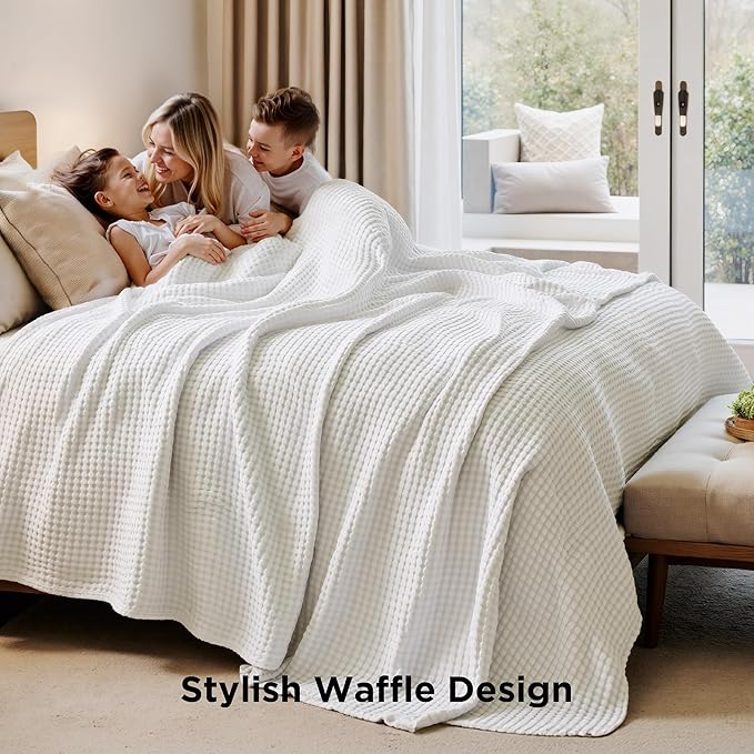 Bedsure Cooling Cotton Waffle Full Size Blanket - Lightweight Breathable Blanket of Rayon Derived from Bamboo for Hot Sleepers, Luxury Throws for Bed, Couch and Sofa, Ivory, 80x90 Inches