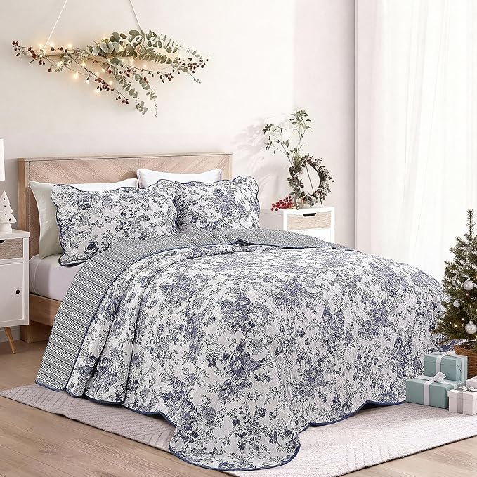 Wonderful 100% Cotton Blue Floral Bedspread Set Full Size, Quilt Bedding Sets with Pillow Shams, 3 Pieces Botanical Coverlet Set, Quilted Blanket Bed Cover for All Season, 96"x110"