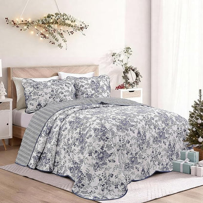 Wonderful 100% Cotton Blue Floral Bedspread Set Full Size, Quilt Bedding Sets with Pillow Shams, 3 Pieces Botanical Coverlet Set, Quilted Blanket Bed Cover for All Season, 96"x110"