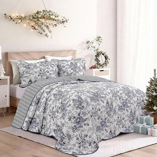 Wonderful 100% Cotton Blue Floral Bedspread Set Twin Size, Quilt Bedding Sets with Pillow Sham, 2 Pieces Floral Coverlet, Quilted Blanket Bed Cover for All Season, 80"x110"