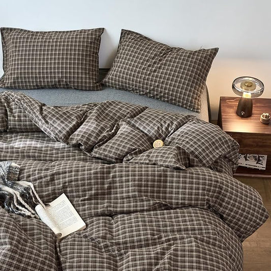 LifeTB Brown Plaid Duvet Cover Set Twin XL, Soft 100% Washed Cotton Bedding Set with Grid Pattern, Vintage Plaid Checkered Comforter Cover Breathable Farmhouse Gingham Bedding Set Twin XL