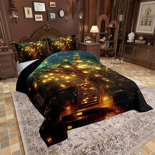 Castle Fairy Bookshelf Bookcase King Size Comforter/Duvet Set,Magical Mysterious Style Ultra Soft Bed Collection,Modern Building Trees Bedding for Room Decor 3 Pcs,Microfiber Breathable