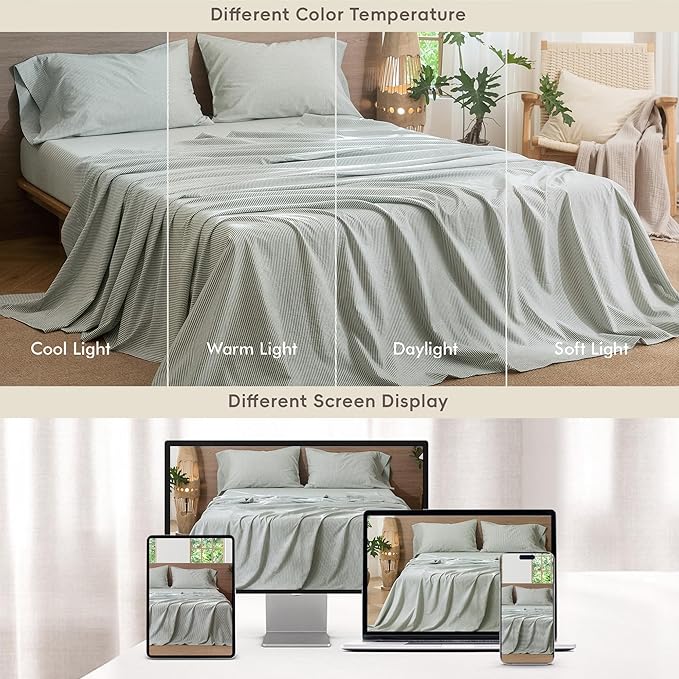 MooMee Striped Sheet Set 100% Washed Cotton Linen Like Textured Breathable Durable Soft Comfy (Heathered Green Pinstripes, King)