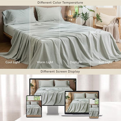MooMee Striped Sheet Set 100% Washed Cotton Linen Like Textured Breathable Durable Soft Comfy (Heathered Green Pinstripes, King)