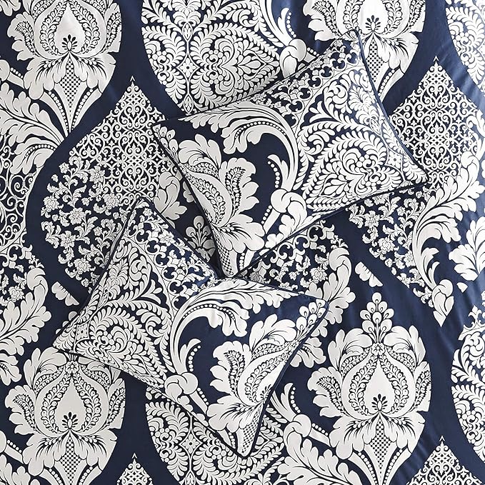 Madison Park Vienna Sateen Cotton Comforter Set, Breathable, Soft Cover, Trendy, All Season Down Alternative Cozy Bedding with Matching Shams, California King, Indigo 7 Piece