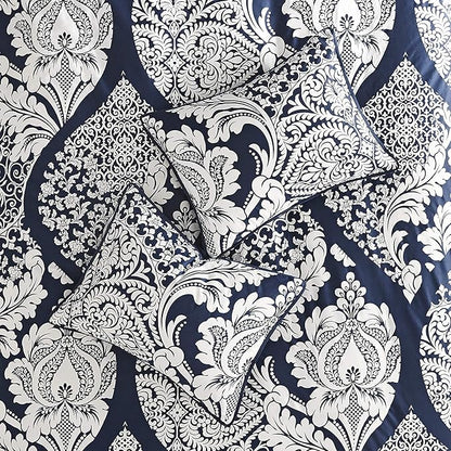Madison Park Vienna Sateen Cotton Comforter Set, Breathable, Soft Cover, Trendy, All Season Down Alternative Cozy Bedding with Matching Shams, California King, Indigo 7 Piece