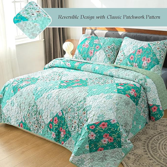 Whale Flotilla Patchwork Quilts Queen Size, Extra Soft Boho Floral Bedspreads for Bed Reversible Lightweight Full Queen Quilt Bedding Set Printed Coverlets with 2 Pillow Shams for All Seasons, Green